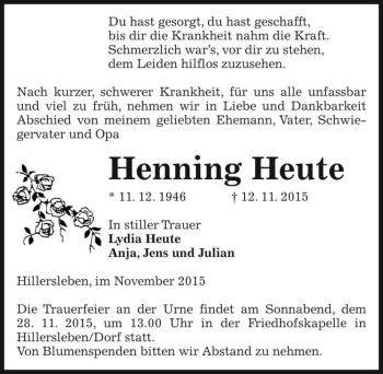 Traueranzeige von Henning Heute  von Magdeburger Volksstimme