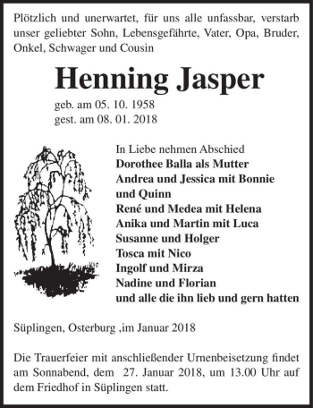 Traueranzeige von Henning Jasper  von Magdeburger Volksstimme