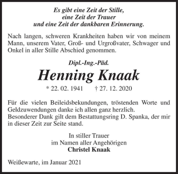 Traueranzeige von Henning Knaak  von Magdeburger Volksstimme
