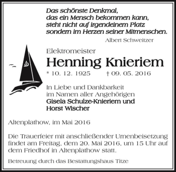 Traueranzeige von Henning Knieriem  von Magdeburger Volksstimme
