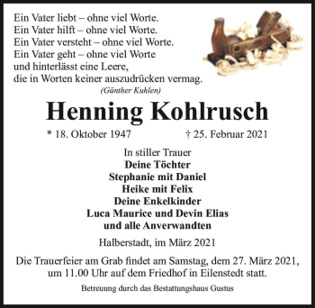 Traueranzeige von Henning Kohlrusch  von Magdeburger Volksstimme