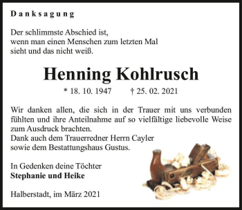 Traueranzeige von Henning Kohlrusch  von Magdeburger Volksstimme