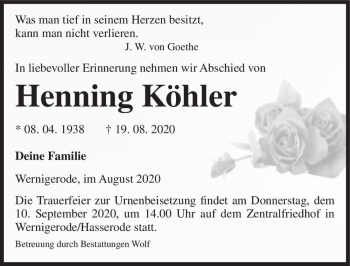 Traueranzeige von Henning Köhler  von Magdeburger Volksstimme
