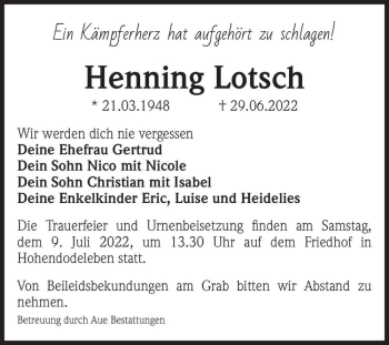 Traueranzeige von Henning Lotsch  von Magdeburger Volksstimme