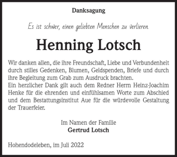 Traueranzeige von Henning Lotsch  von Magdeburger Volksstimme