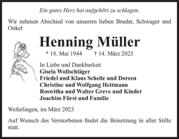 Traueranzeige von Henning Müller  von Magdeburger Volksstimme