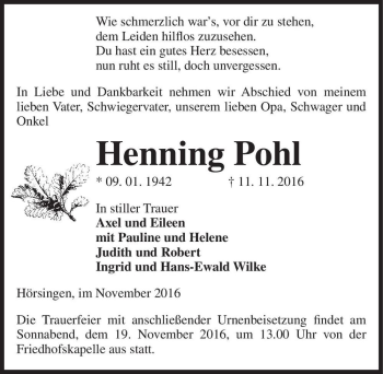 Traueranzeige von Henning Pohl  von Magdeburger Volksstimme