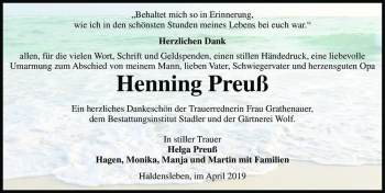 Traueranzeige von Henning Preuß  von Magdeburger Volksstimme