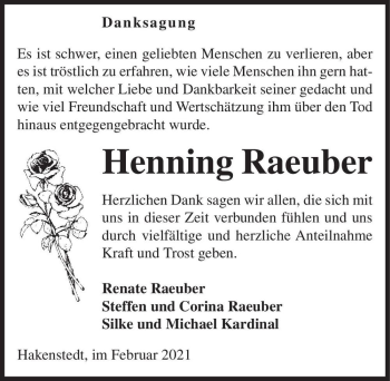 Traueranzeige von Henning Raeuber  von Magdeburger Volksstimme