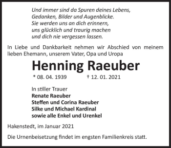 Traueranzeige von Henning Raeuber  von Magdeburger Volksstimme