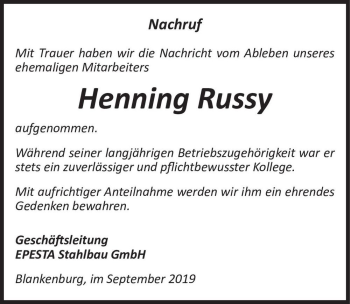Traueranzeige von Henning Russy  von Magdeburger Volksstimme