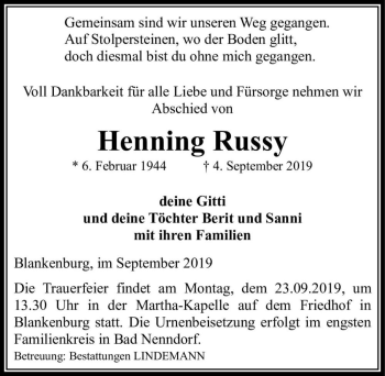 Traueranzeige von Henning Russy  von Magdeburger Volksstimme