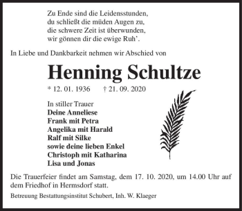 Traueranzeige von Henning Schultze  von Magdeburger Volksstimme