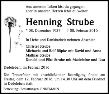 Traueranzeige von Henning Strube  von Magdeburger Volksstimme
