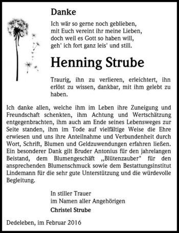 Traueranzeige von Henning Strube  von Magdeburger Volksstimme