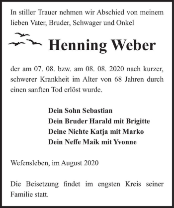 Traueranzeige von Henning Weber  von Magdeburger Volksstimme