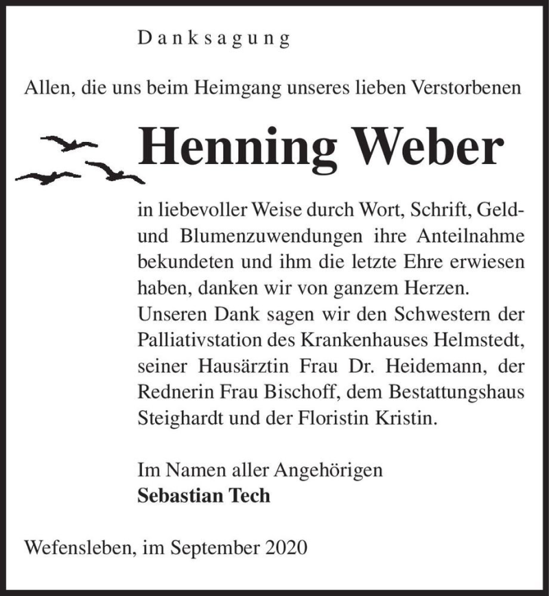  Traueranzeige für Henning Weber  vom 05.09.2020 aus Magdeburger Volksstimme