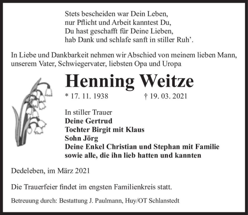  Traueranzeige für Henning Weitze  vom 27.03.2021 aus Magdeburger Volksstimme