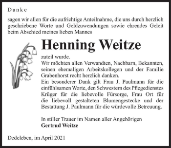 Traueranzeige von Henning Weitze  von Magdeburger Volksstimme