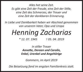 Traueranzeige von Henning Zacharias  von Magdeburger Volksstimme