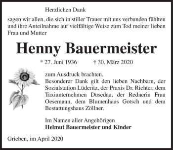 Traueranzeige von Henny Bauermeister  von Magdeburger Volksstimme