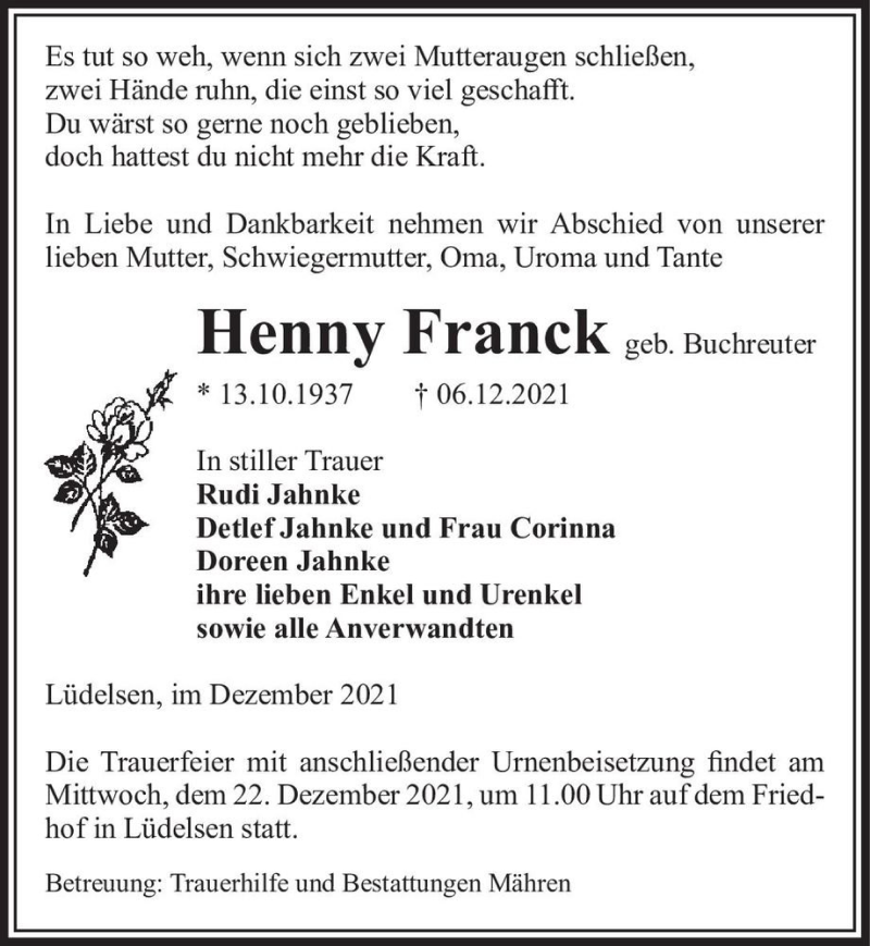 Traueranzeige für Henny Franck (geb. Buchreuter)  vom 09.12.2021 aus Magdeburger Volksstimme