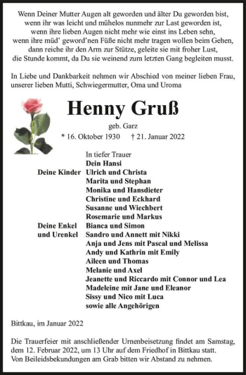 Traueranzeige von Henny Gruß (geb. Garz)  von Magdeburger Volksstimme