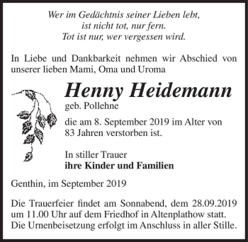 Traueranzeige von Henny Heidemann (geb. Pollehne)  von Magdeburger Volksstimme
