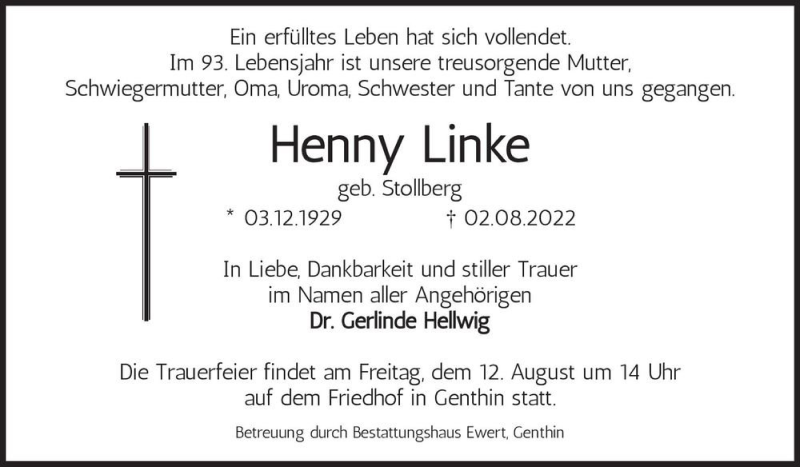  Traueranzeige für Henny Linke (geb. Stollberg)  vom 06.08.2022 aus Magdeburger Volksstimme