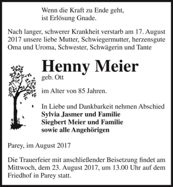 Traueranzeige von Henny Meier (geb. Ott)  von Magdeburger Volksstimme
