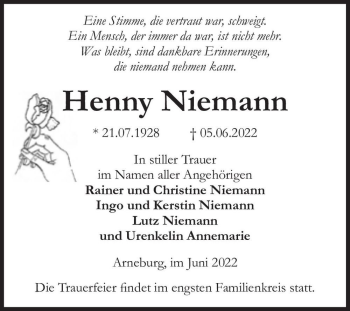Traueranzeige von Henny Niemann  von Magdeburger Volksstimme