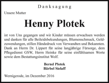 Traueranzeige von Henny Plotek  von Magdeburger Volksstimme