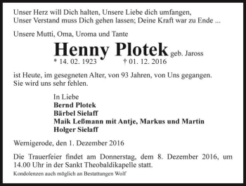 Traueranzeige von Henny Plotek (geb. Jaross)  von Magdeburger Volksstimme