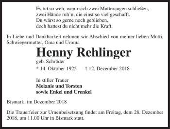 Traueranzeige von Henny Rehlinger (geb. Schröder)  von Magdeburger Volksstimme