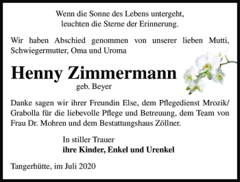 Traueranzeige von Henny Zimmermann (geb. Beyer)  von Magdeburger Volksstimme