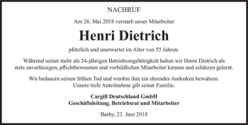 Traueranzeige von Henri Dietrich  von Magdeburger Volksstimme