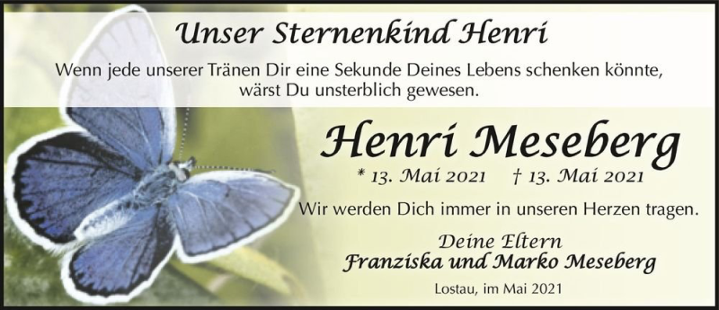  Traueranzeige für Henri Meseberg  vom 22.05.2021 aus Magdeburger Volksstimme