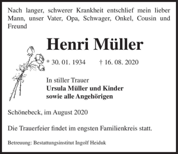 Traueranzeige von Henri Müller  von Magdeburger Volksstimme