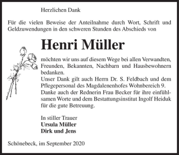 Traueranzeige von Henri Müller  von Magdeburger Volksstimme