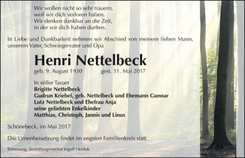 Traueranzeige von Henri Nettelbeck  von Magdeburger Volksstimme