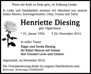 Traueranzeige von Henriette Diesing (geb. Oppermann)  von Magdeburger Volksstimme