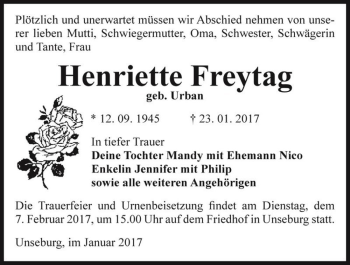 Traueranzeige von Henriette Freytag (geb. Urban)  von Magdeburger Volksstimme