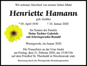 Traueranzeige von Henriette Hamann  von Magdeburger Volksstimme