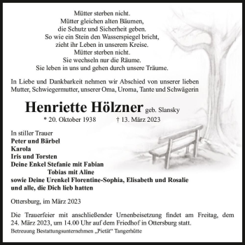 Traueranzeige von Henriette Hölzner (geb. Slansky)  von Magdeburger Volksstimme