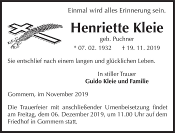 Traueranzeige von Henriette Kleie (geb. Puchner)  von Magdeburger Volksstimme