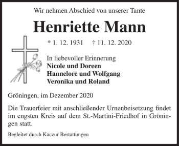 Traueranzeige von Henriette Mann  von Magdeburger Volksstimme
