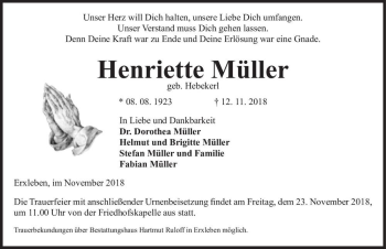 Traueranzeige von Henriette Müller (geb. Hebekerl)  von Magdeburger Volksstimme