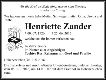 Traueranzeige von Henriette Zander  von Magdeburger Volksstimme