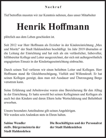 Traueranzeige von Henrik Hoffmann  von Magdeburger Volksstimme