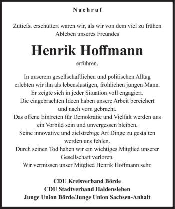 Traueranzeige von Henrik Hoffmann  von Magdeburger Volksstimme